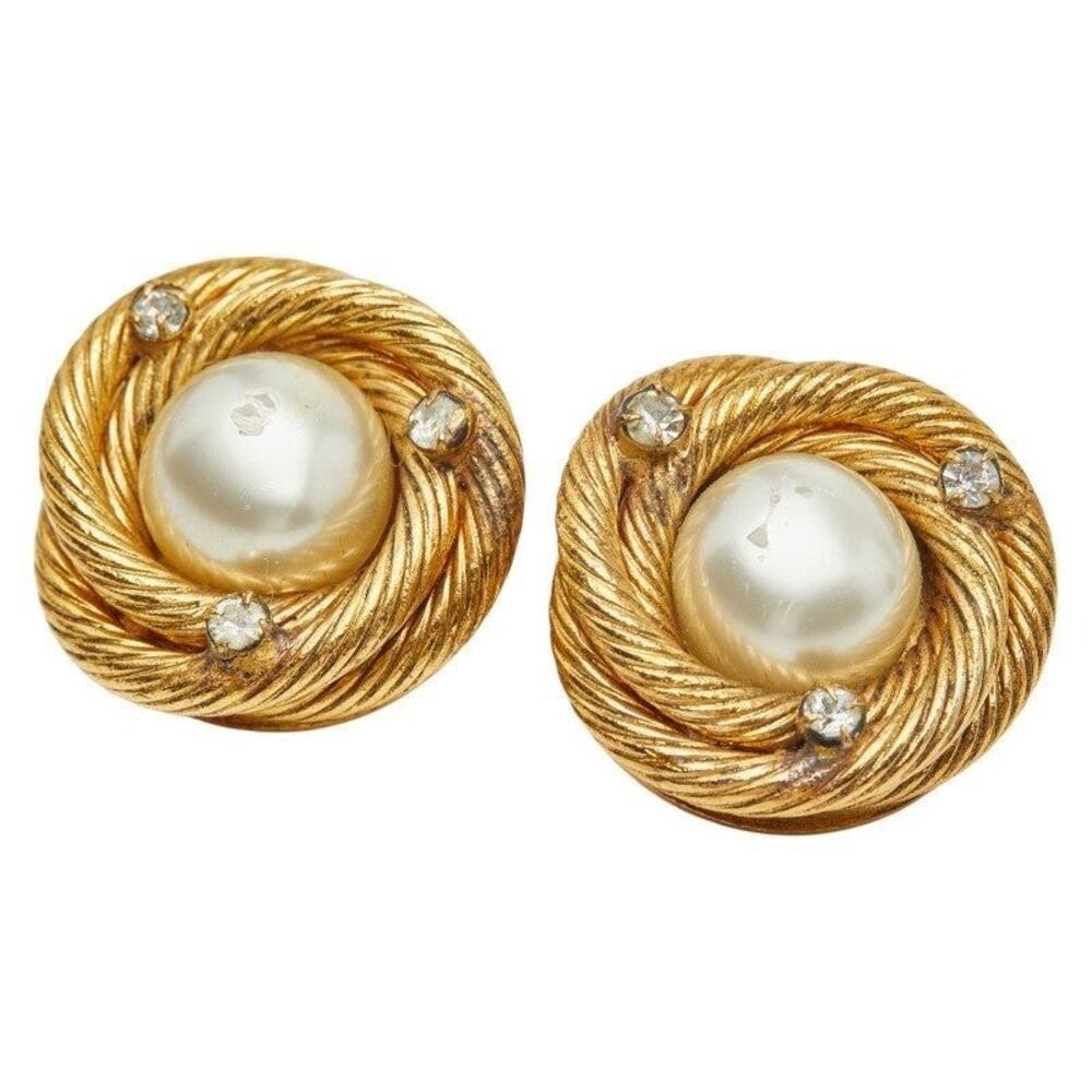 Chanel Pearl Rhinestone Round Earrings Gold Plated